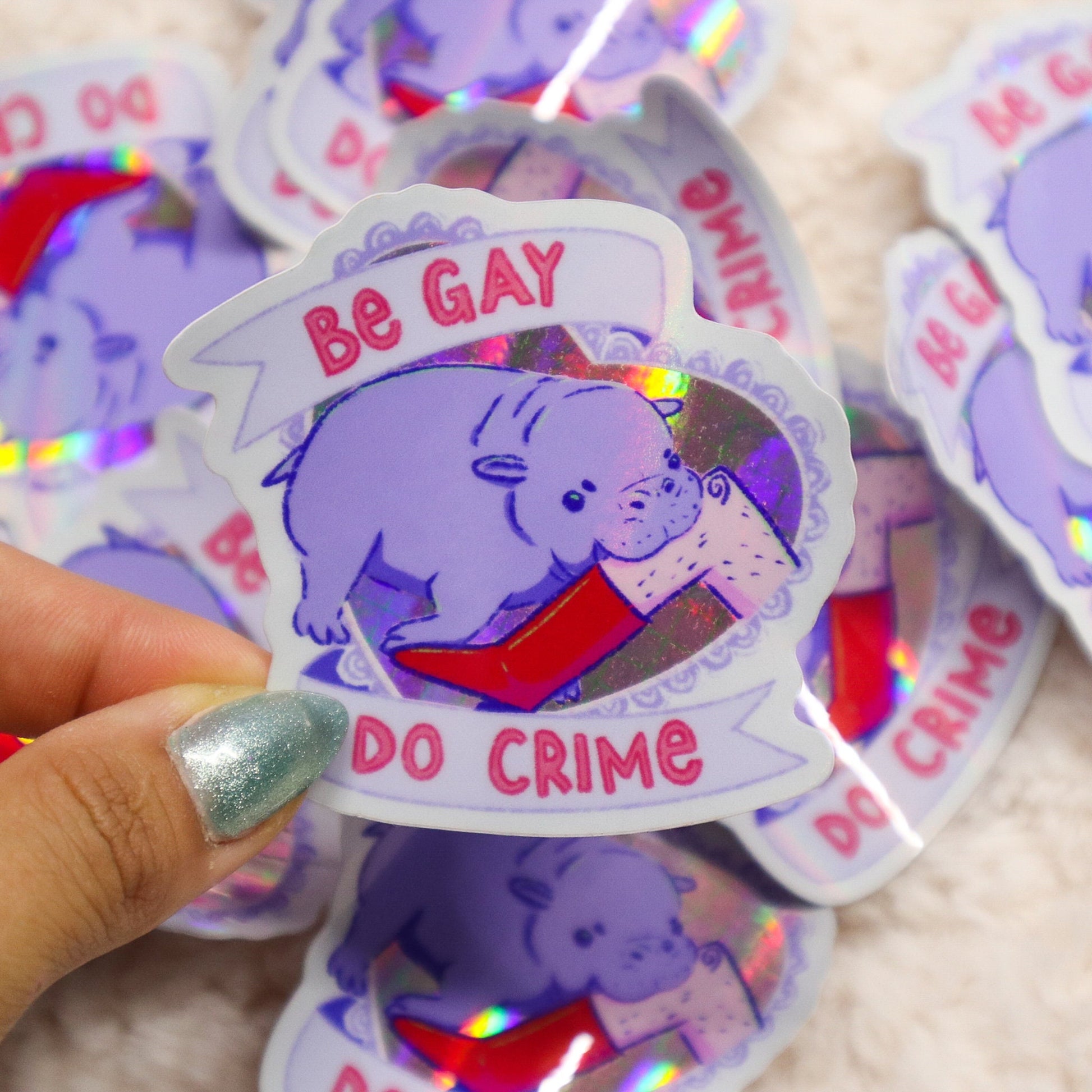 Be Gay Do Crime Baby Pygmy Hippo Pastel Holographic Sticker - Koodle