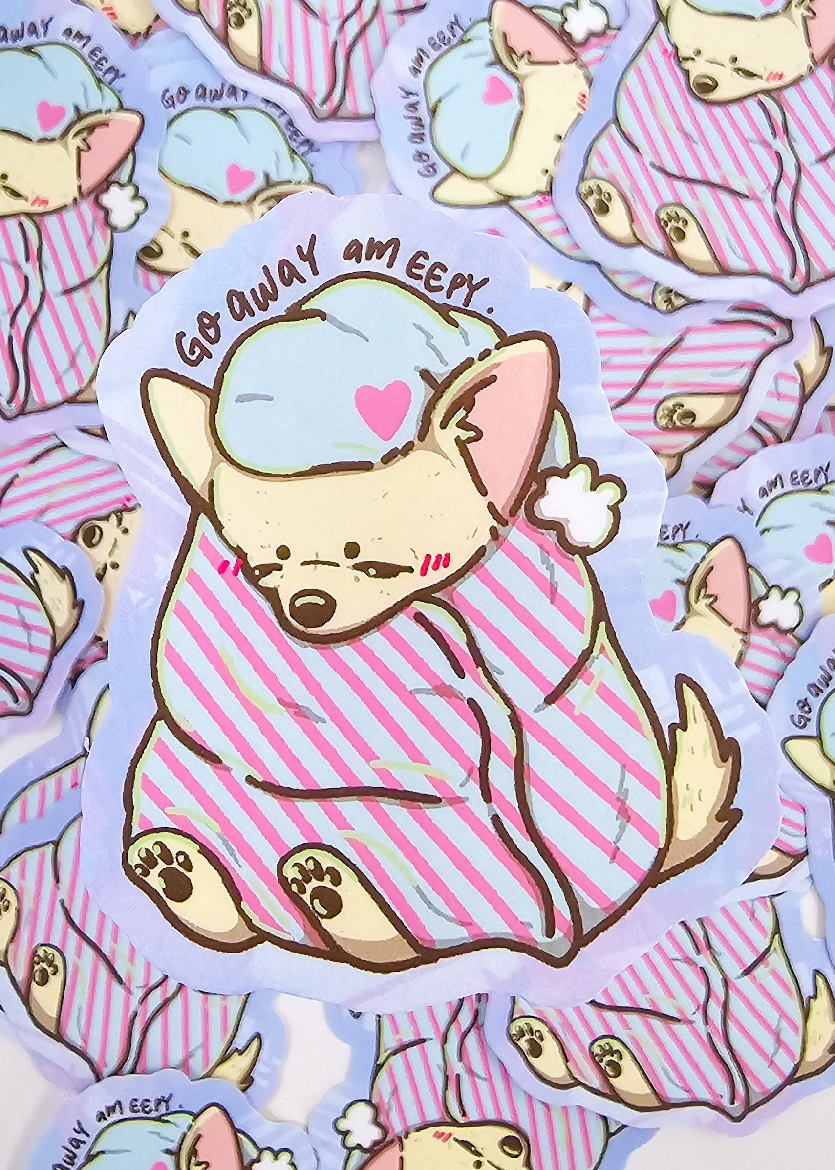 Pastel Sleepy Cute and Cozy Chihuahua Sticker "Go Away Am Eepy" - Koodle
