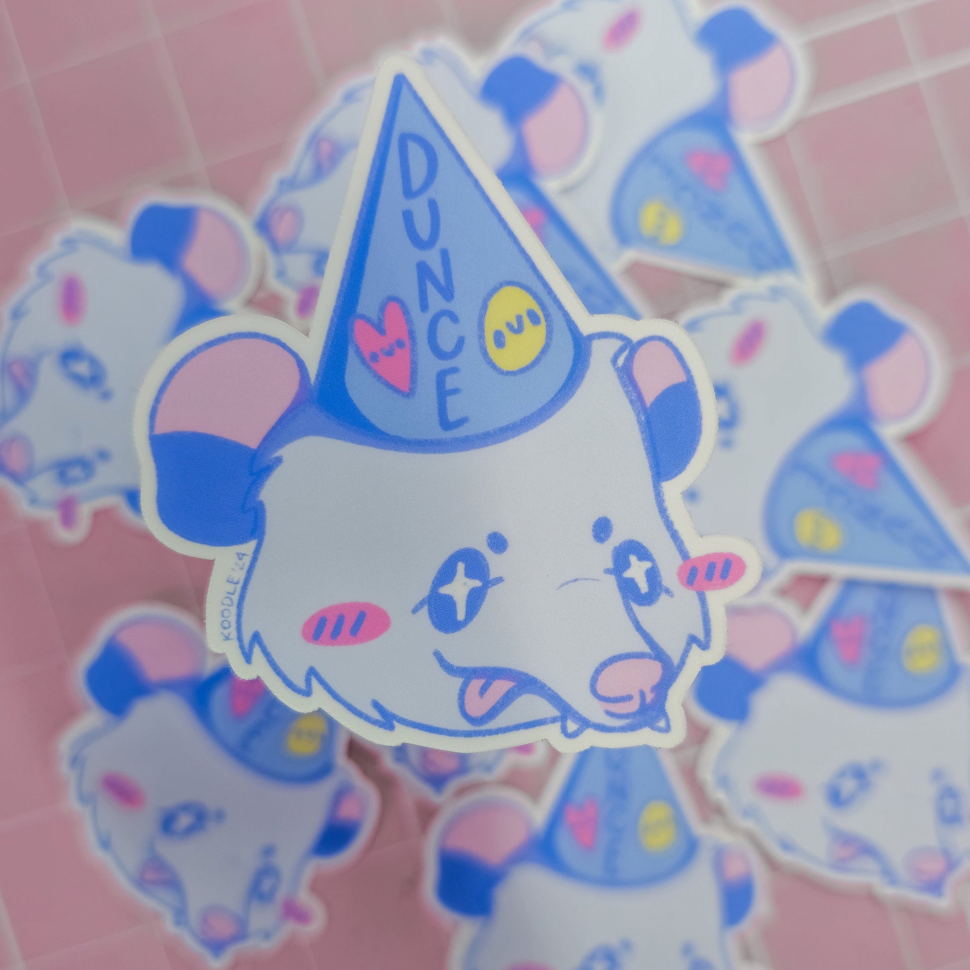 Silly Cute Opossum Wearing a Dunce Cap Matte Pastel Sticker - Koodle