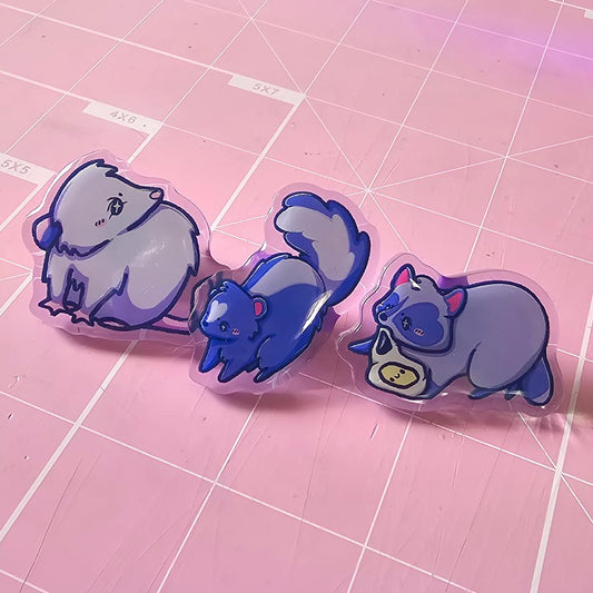 Forbidden Cats Acrylic Pin Trio Featuring Raccoon, Skunk, and Opossum - Koodle