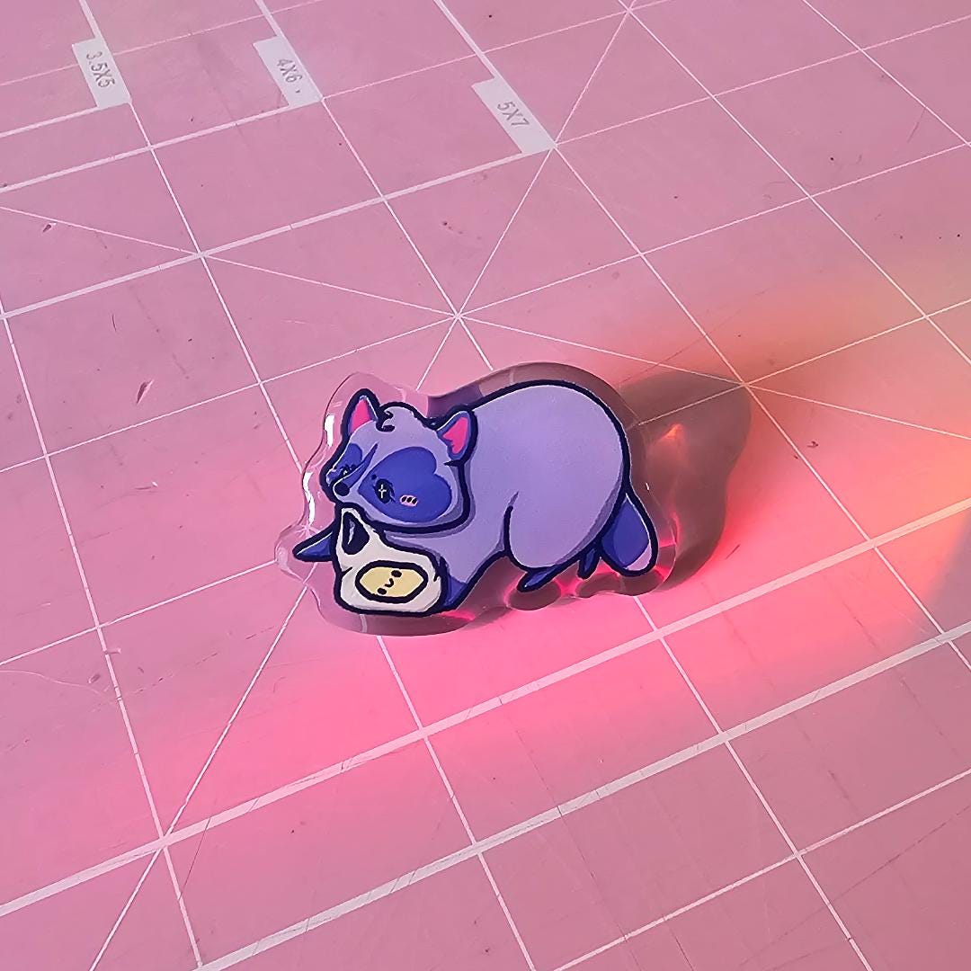 Forbidden Cats Acrylic Pin Trio Featuring Raccoon, Skunk, and Opossum - Koodle