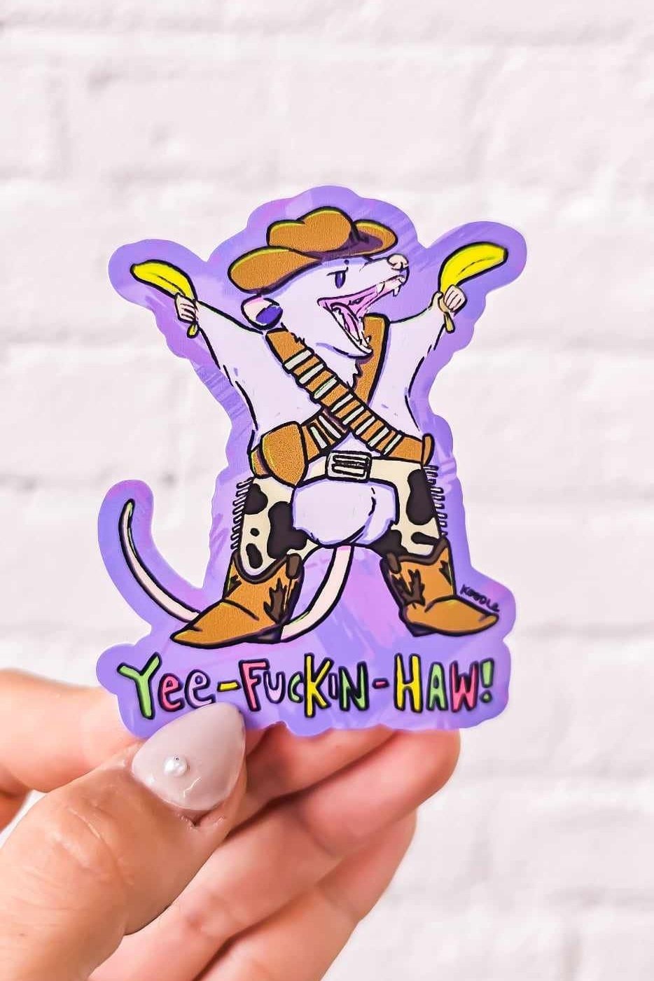 Yee - Haw Rude Cowboy Opossum With a Banana in Holster Sticker - Koodle