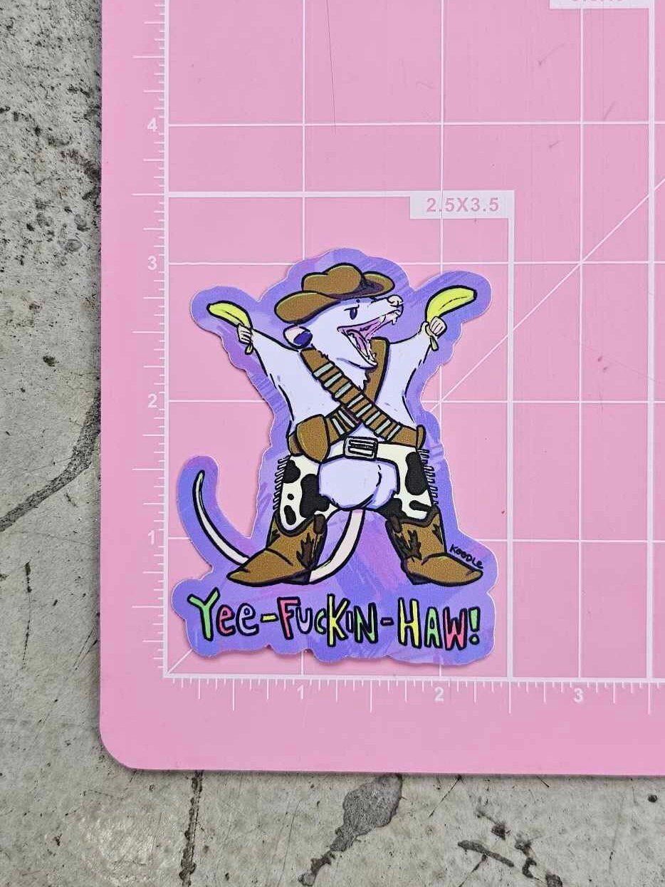 Yee - Haw Rude Cowboy Opossum With a Banana in Holster Sticker - Koodle