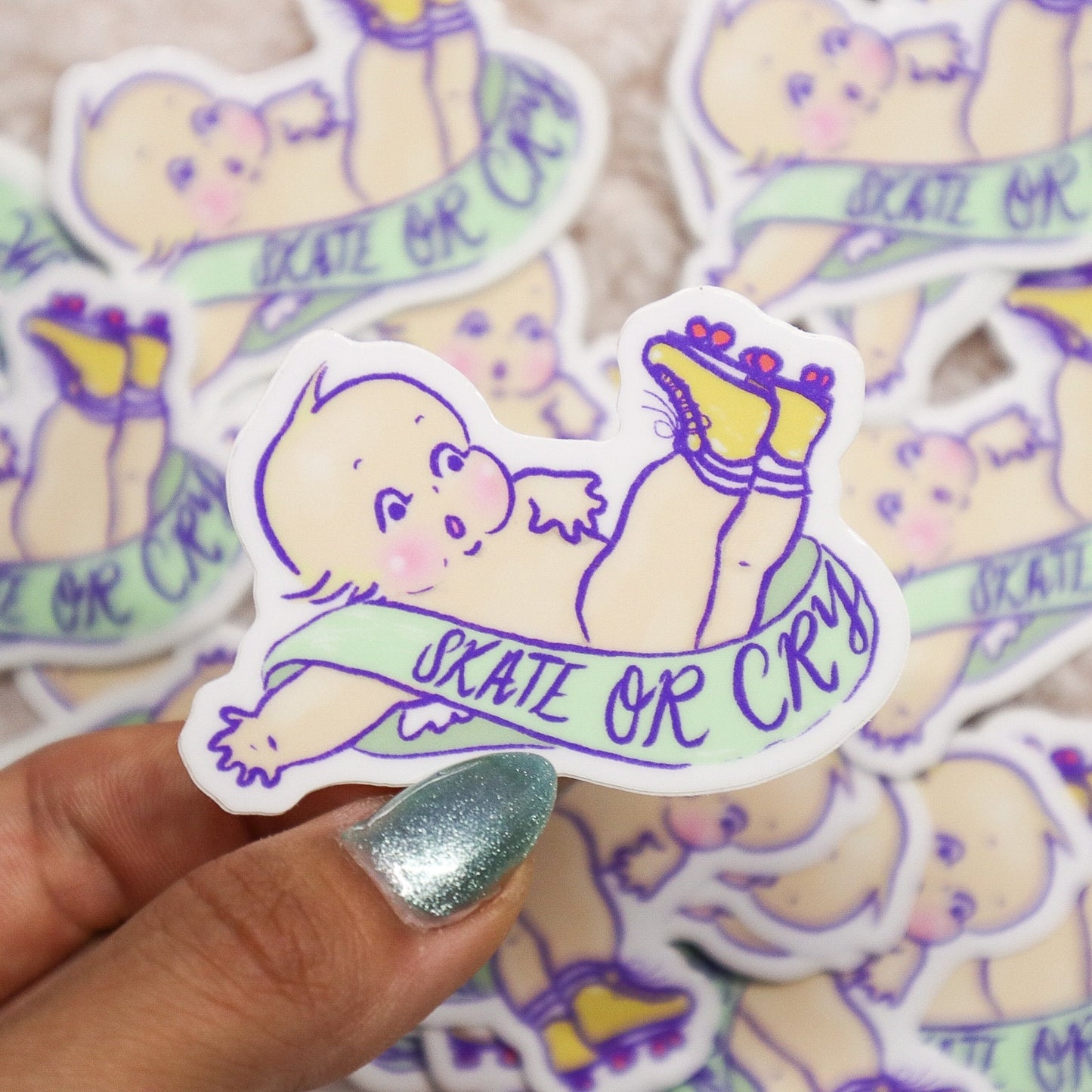 Skate Or Cry Cute Roller Skating Kewpie Cry Baby Sticker - Koodle