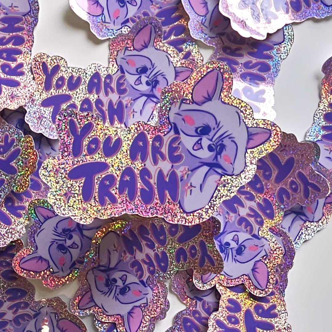You Are Trash Cute & Funny Raccoon Glittery Pastel Holographic Sticker - Koodle