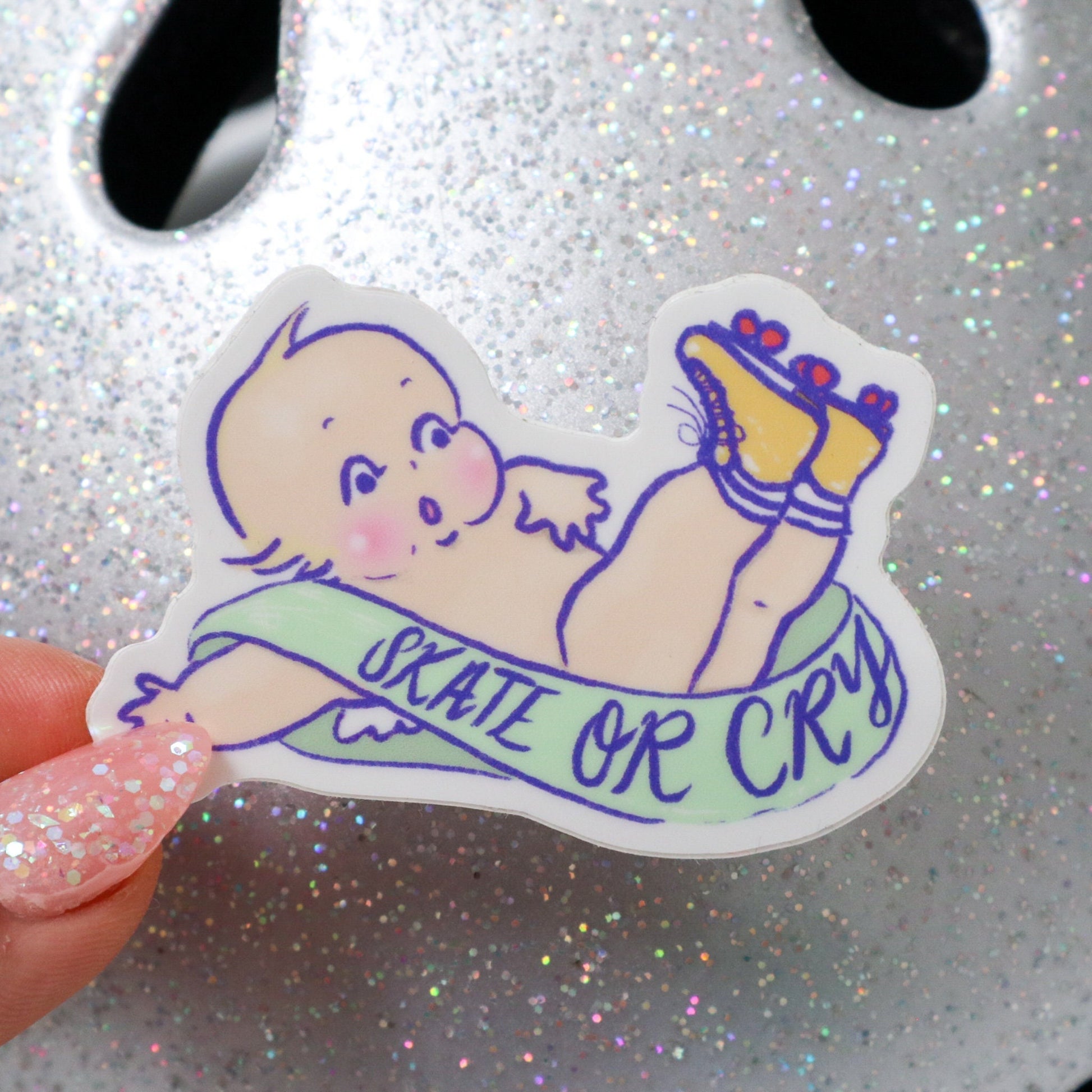 Skate Or Cry Cute Roller Skating Kewpie Cry Baby Sticker - Koodle