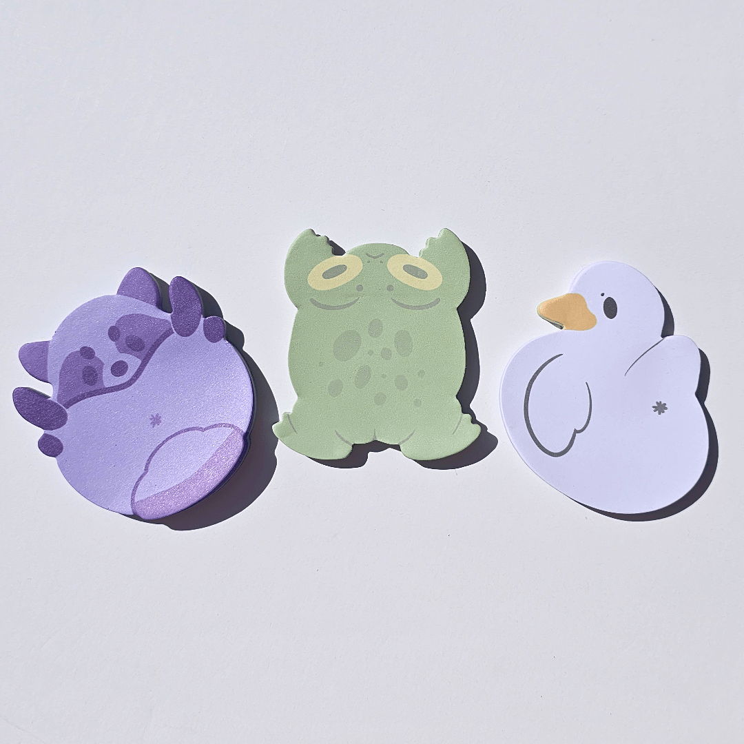 Cute and Silly Illustrative Animal - Shaped Sticky Notes: Frog, Raccoon and Duck - Koodle