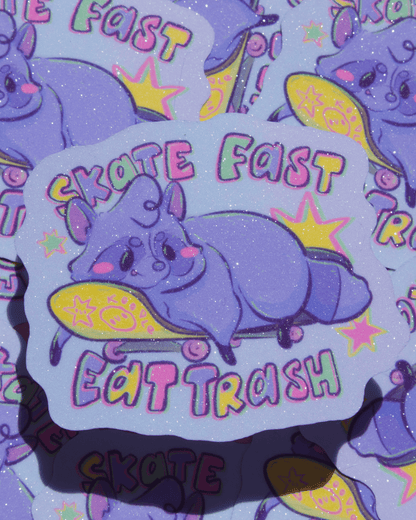 Skate Fast Eat Trash: Skateboarding Raccoon Sticker - Koodle